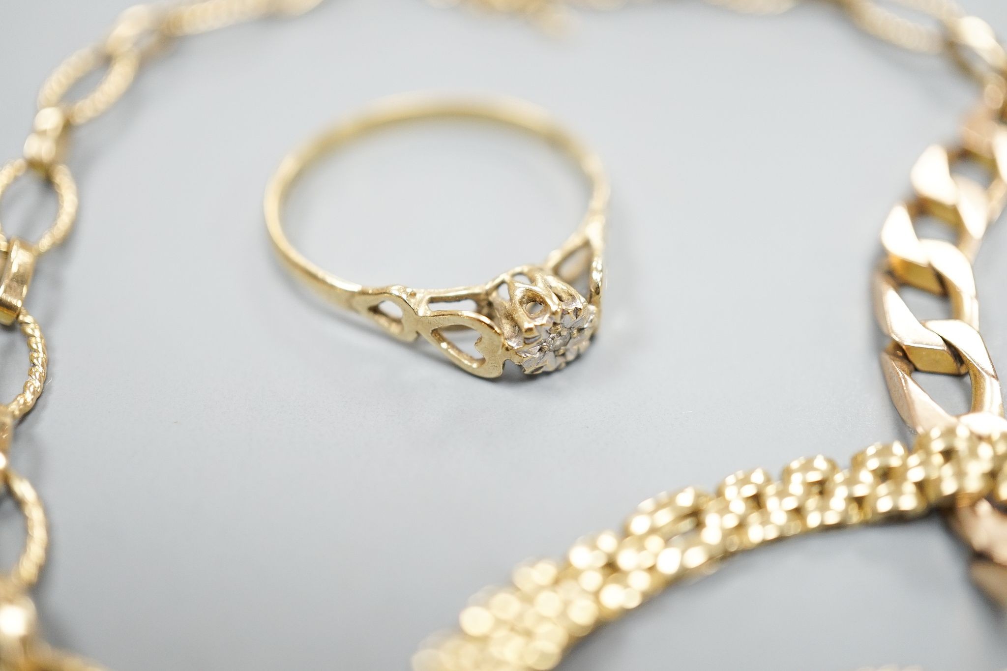 Three assorted 9ct gold bracelets, a 9k chain and a 9ct gold and diamond chip set ring, gross 24.4 grams.